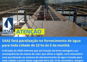 Informativo: SAAE fará paralisação no fornecimento de água