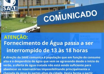 Fornecimento de ÁGUA passa a ser interrompido de 13 às 18 hs.